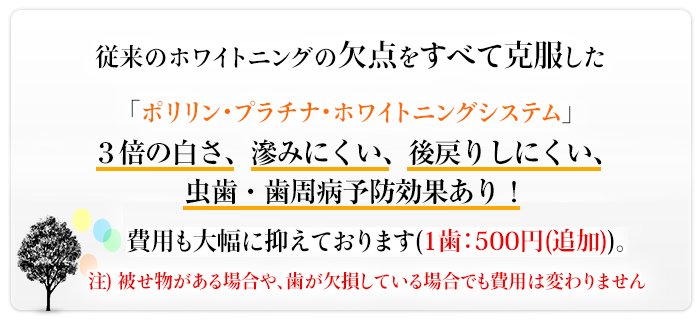 従来のホワイトニングの欠点をすべて克服した「ポリリン・プラチナ・ホワイトニングシステム」3倍の白さ、滲みない、後戻りしにくい、虫歯・歯周病予防効果あり！費用も大幅に抑えております(１歯：500円)。